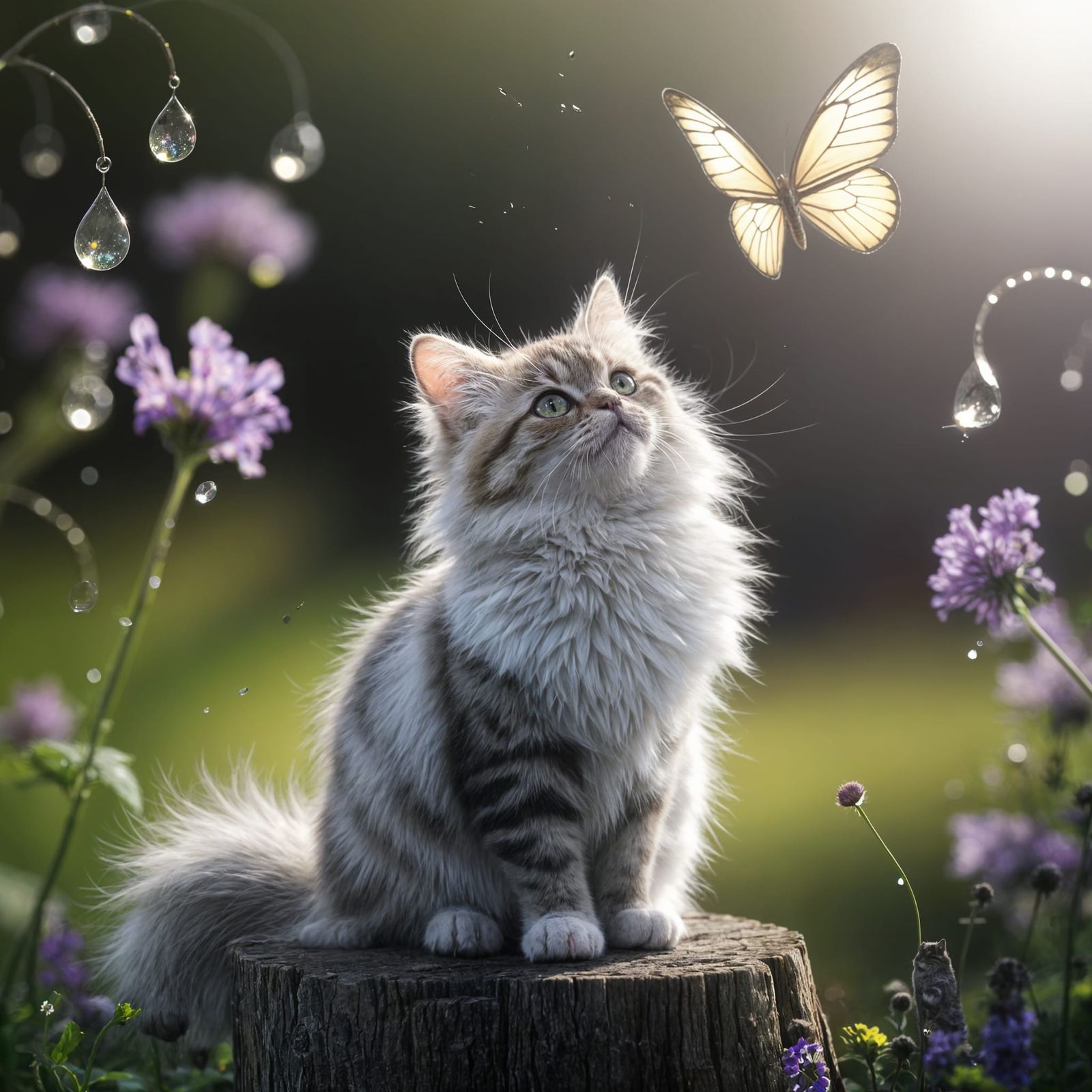 Whimsical Cat Chases Butterfly Amidst Wildflowers