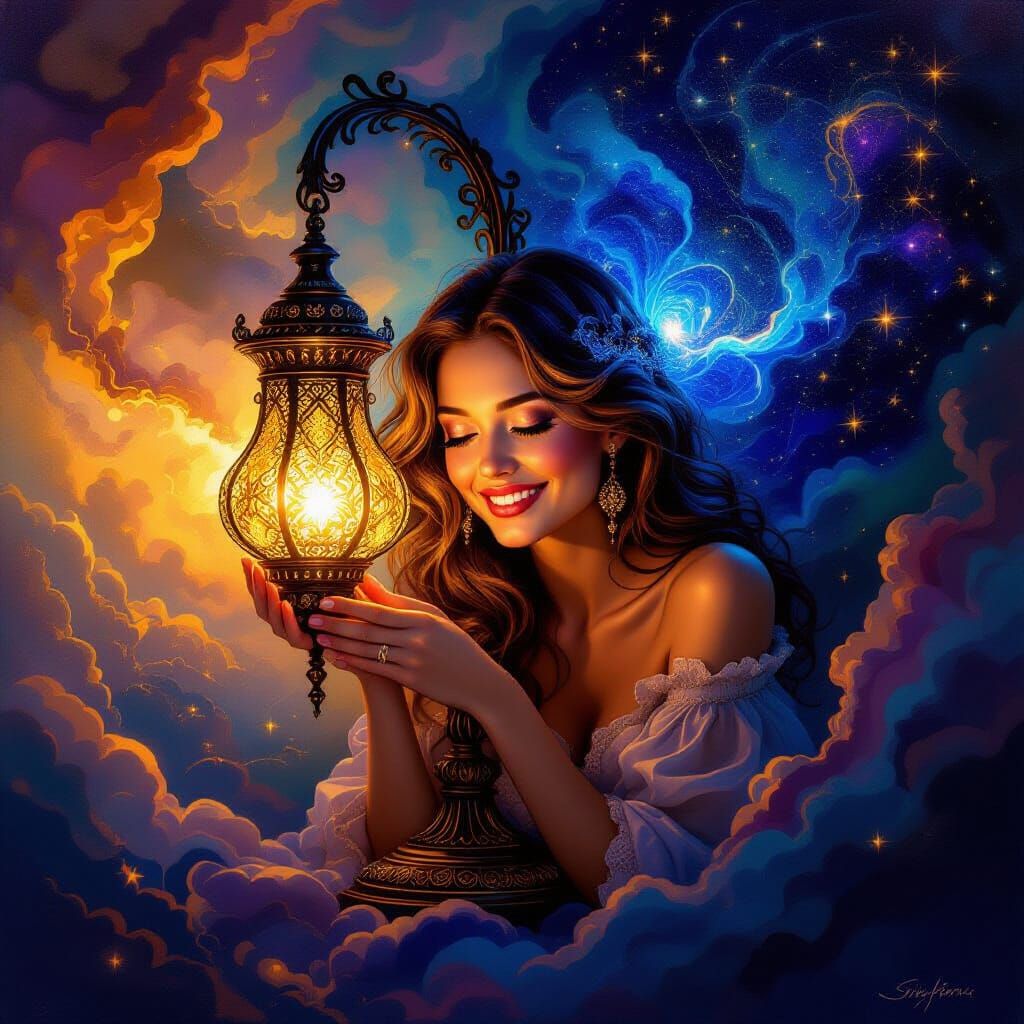 Surreal Woman in Ornate Lamp with Ethereal Glow