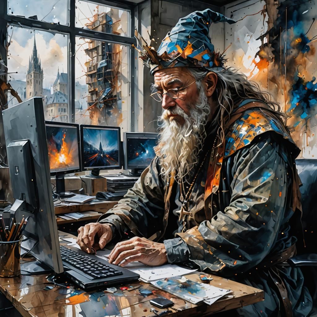 Medieval Wizard's Frustration in a Modern Office