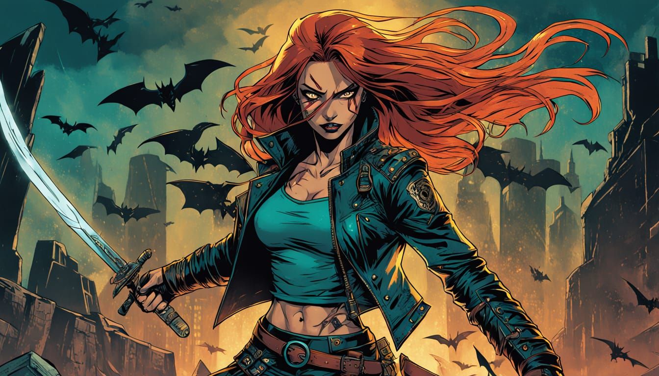 Gothic Fantasy Warrior in Teal and Leather, Surrounded by Da...