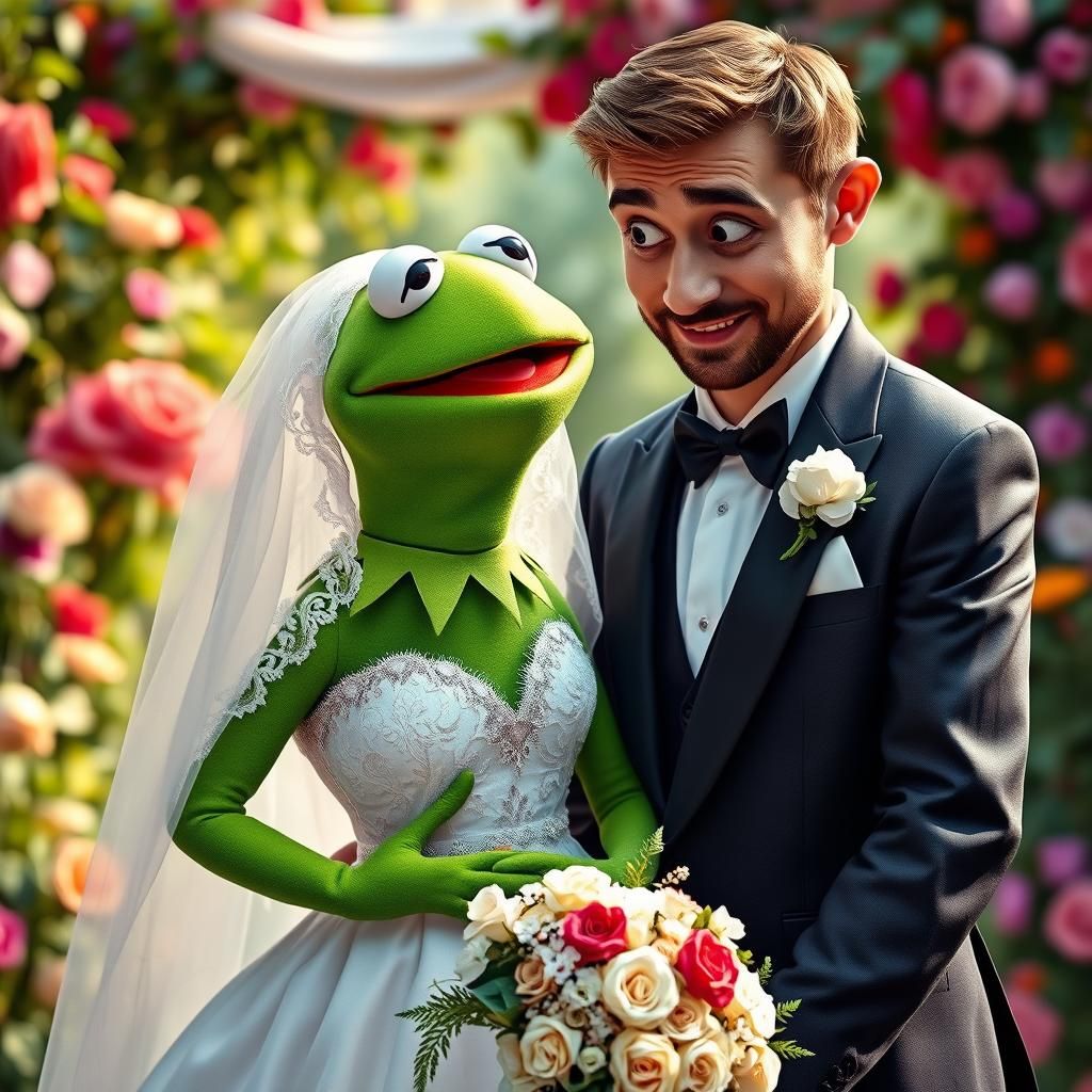 Kermit the frog photobombs a wedding photo
