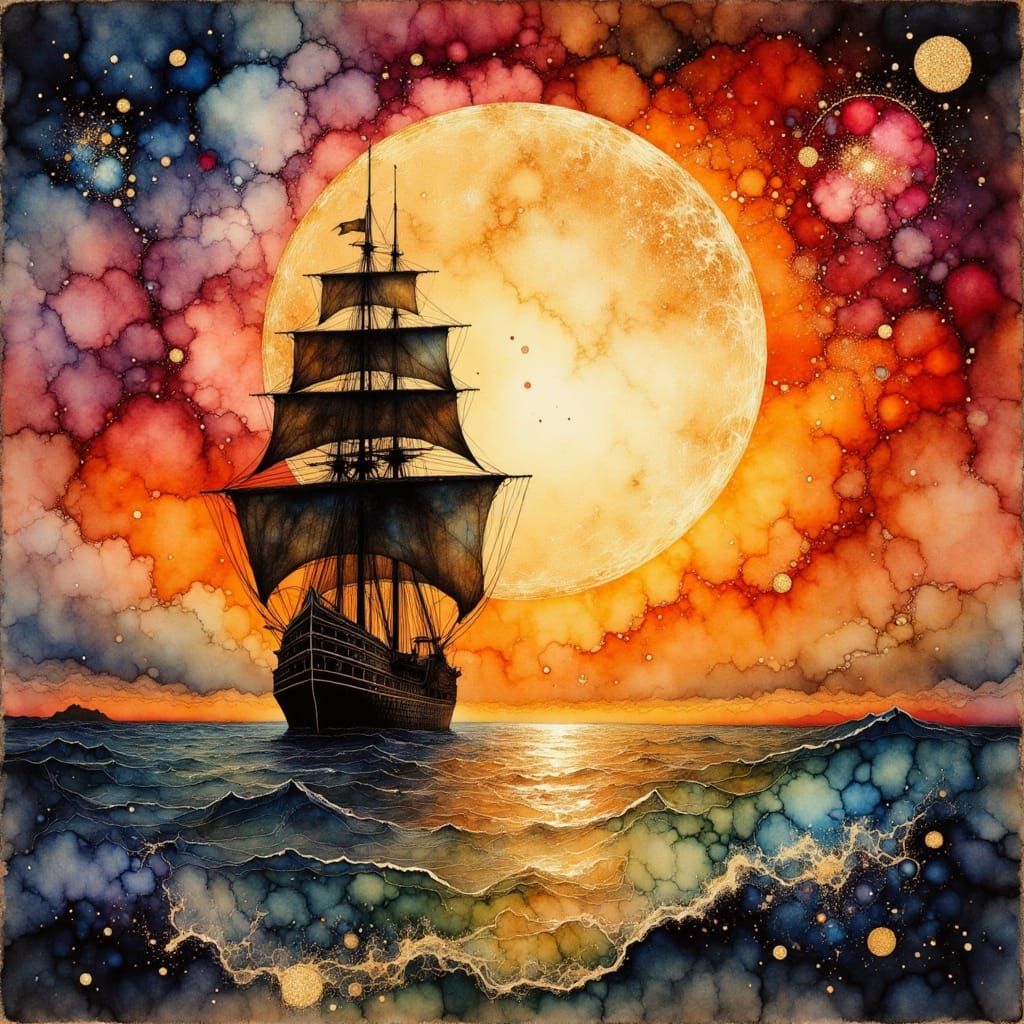 Galleon at Sunset in Watercolor and Ink Style