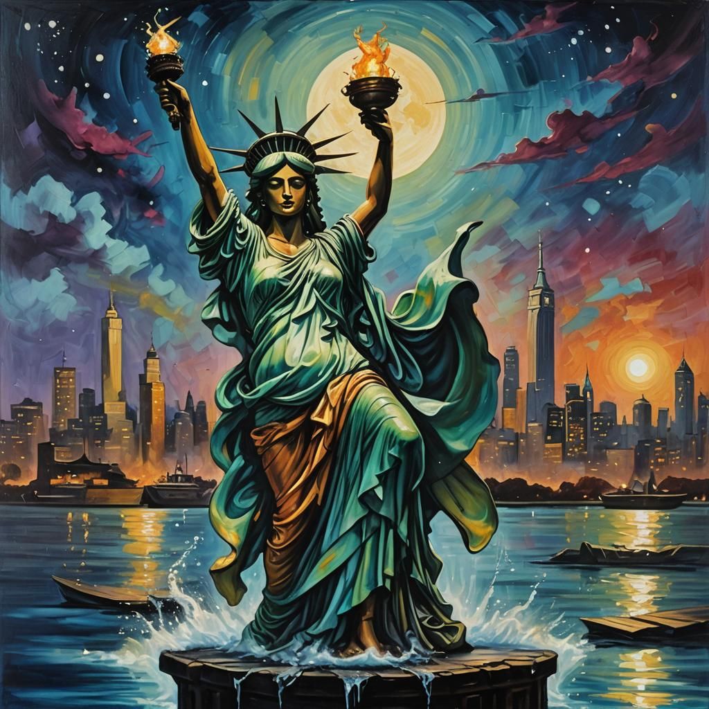 Statue of Liberty Belly Dancing: Surreal Oil Painting
