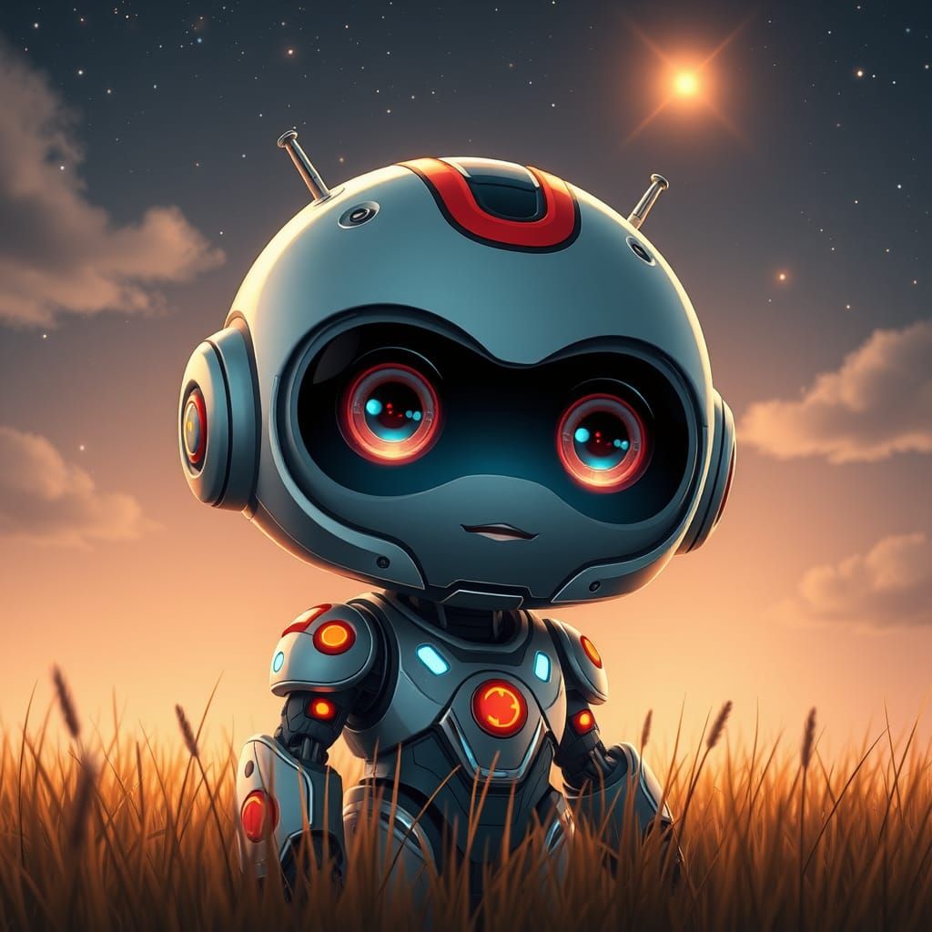 Cute Futuristic Robot under Starry Night Sky