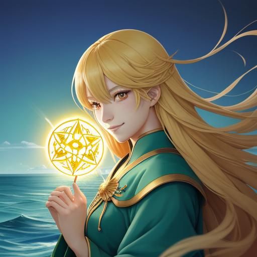 Blonde Magician Juggling Pentacles in Manga Style