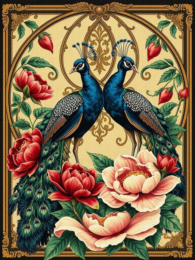Art Nouveau Peacocks in Lush Foliage Tapestry