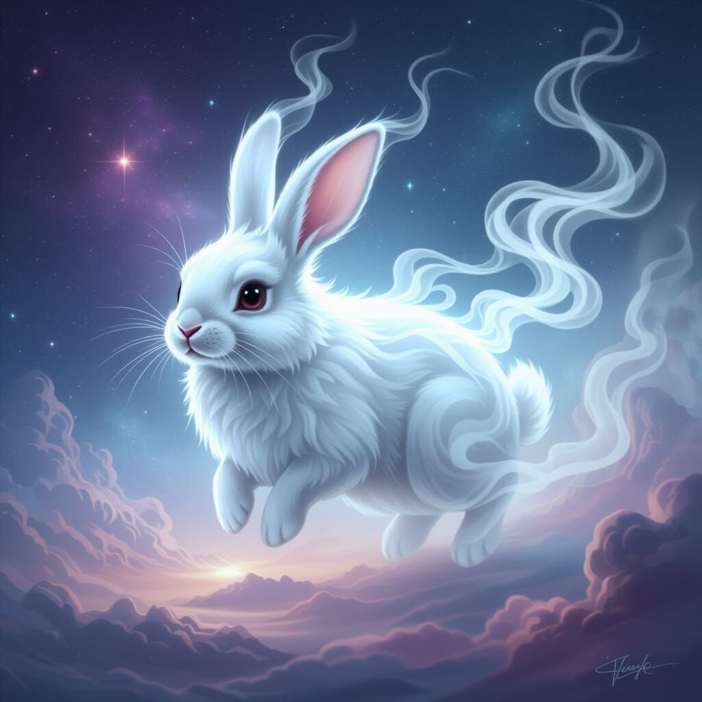 Ghostly Smoke Bunny Drifting Through Magical Deep Space