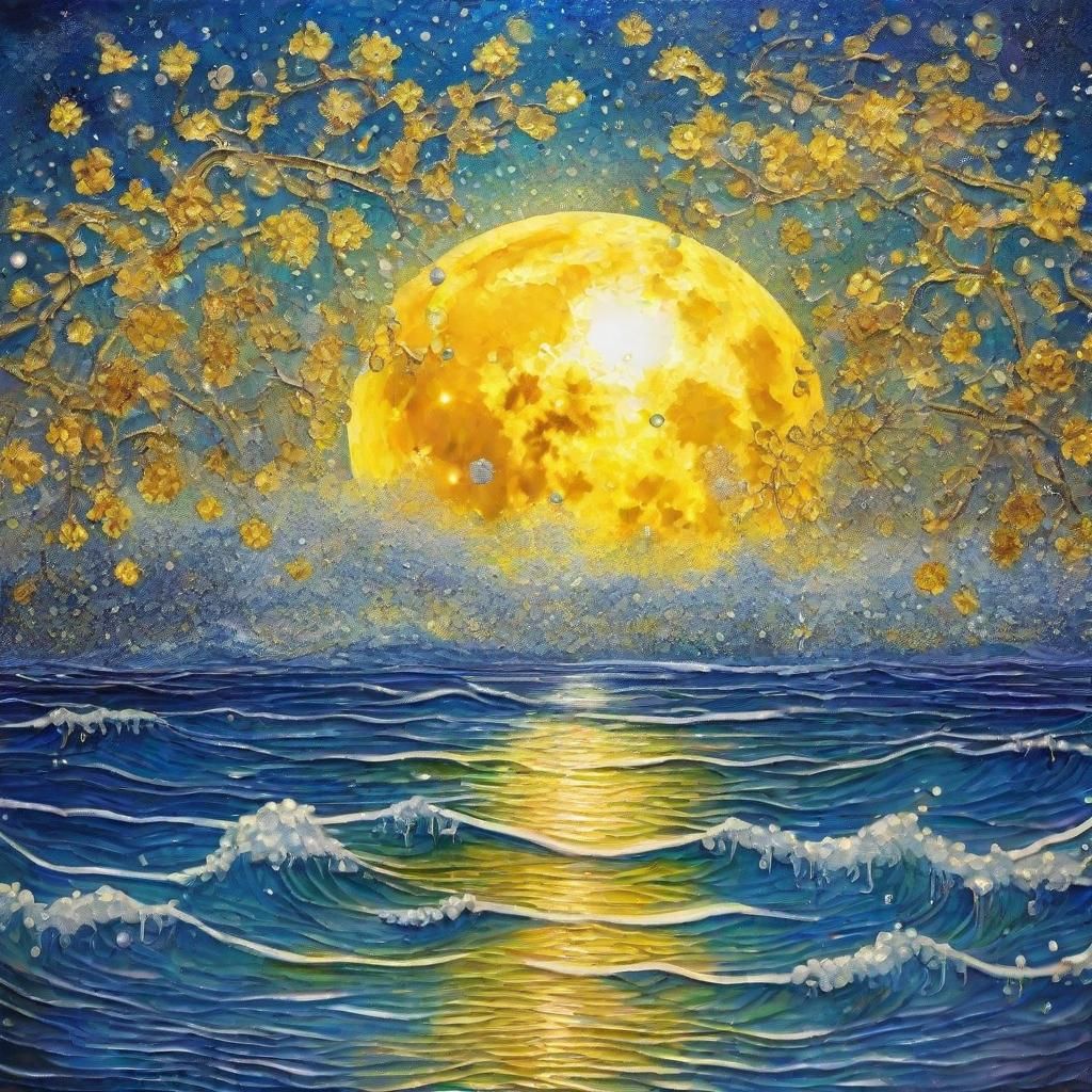 Yellow Moon Rises Over Iridescent Ocean