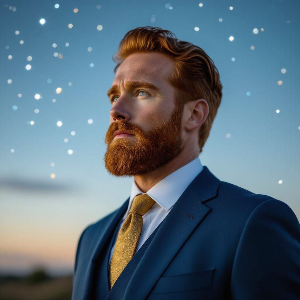 Red-Haired Man in Blue Suit Gazes at Starry Sky