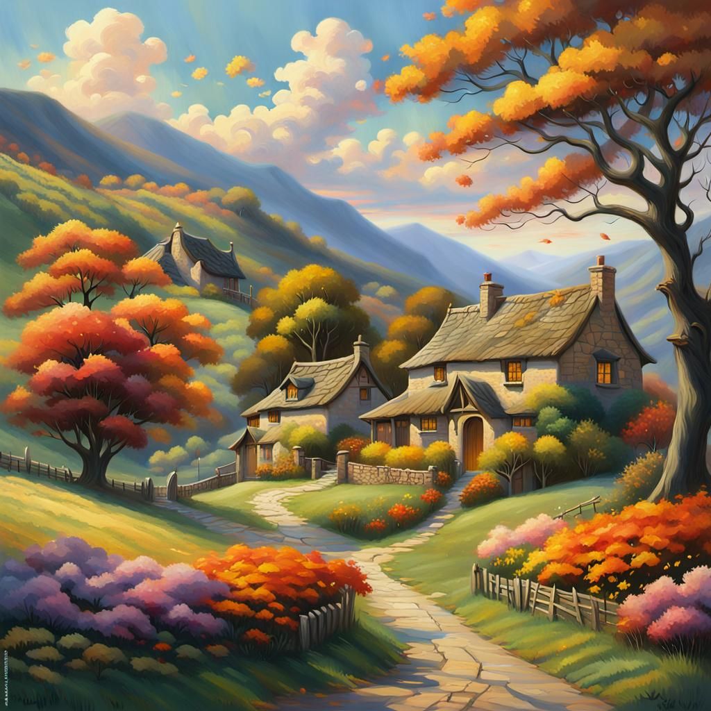 Autumn Maple Tree in Impressionist Landscape