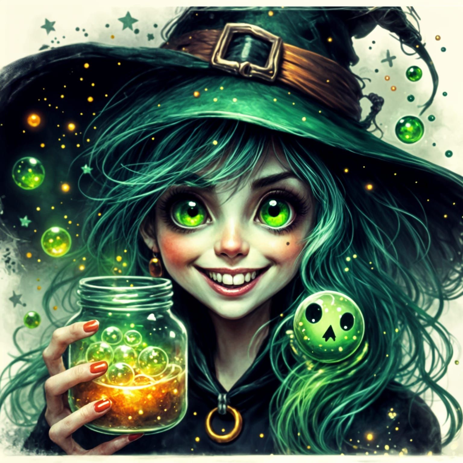 Charming Witch Brews Potion with Glowing Eyes