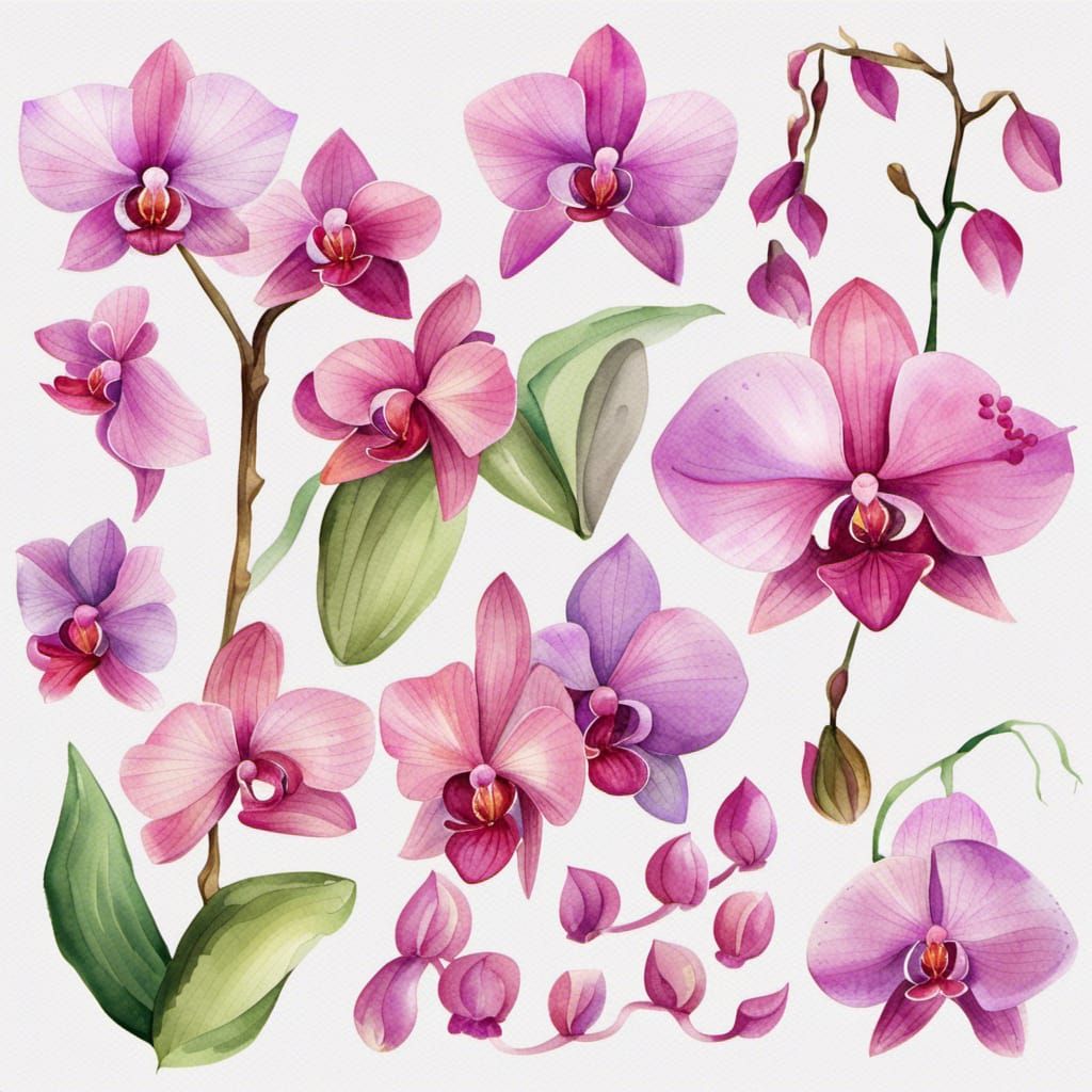 Elegant Watercolor Orchid Floral Elements Clipart