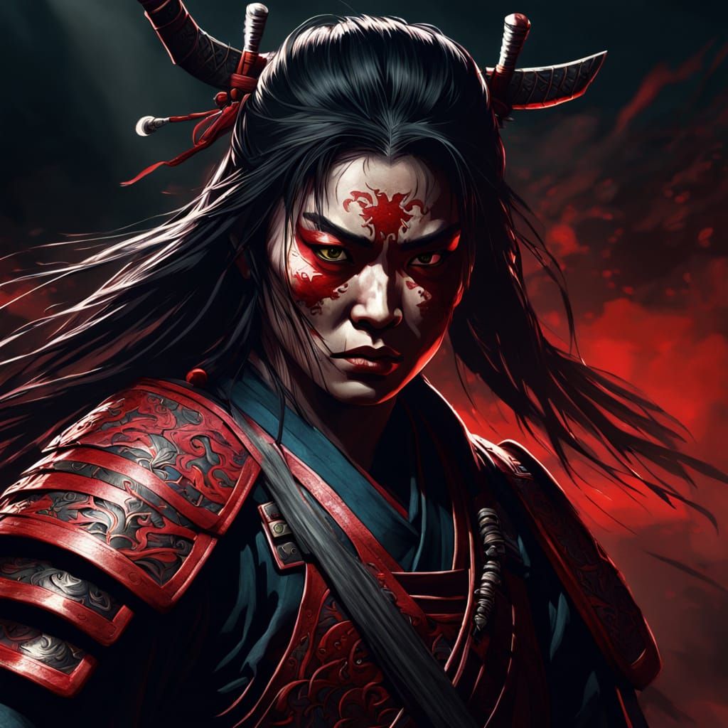 Fierce Samurai Warrior Woman in Digital Art Nouveau Style