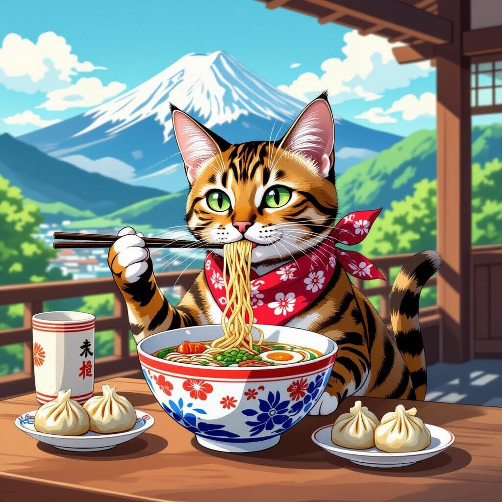 Bengal Cat Enjoying Ramen: Manga Style