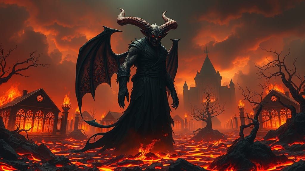 Fiery Devil in Apocalyptic Landscape