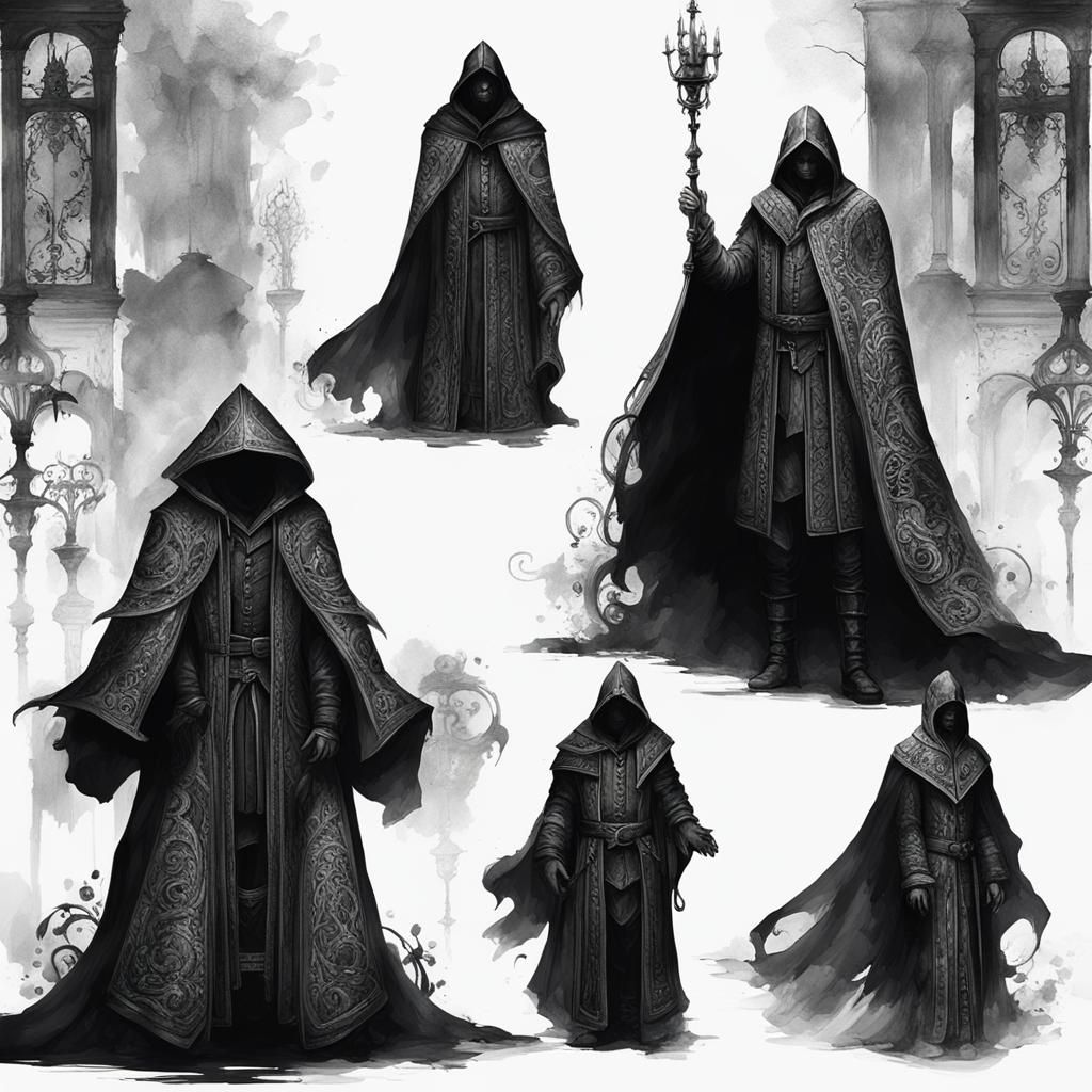 Monochrome Hooded Figures in Gothic Setting