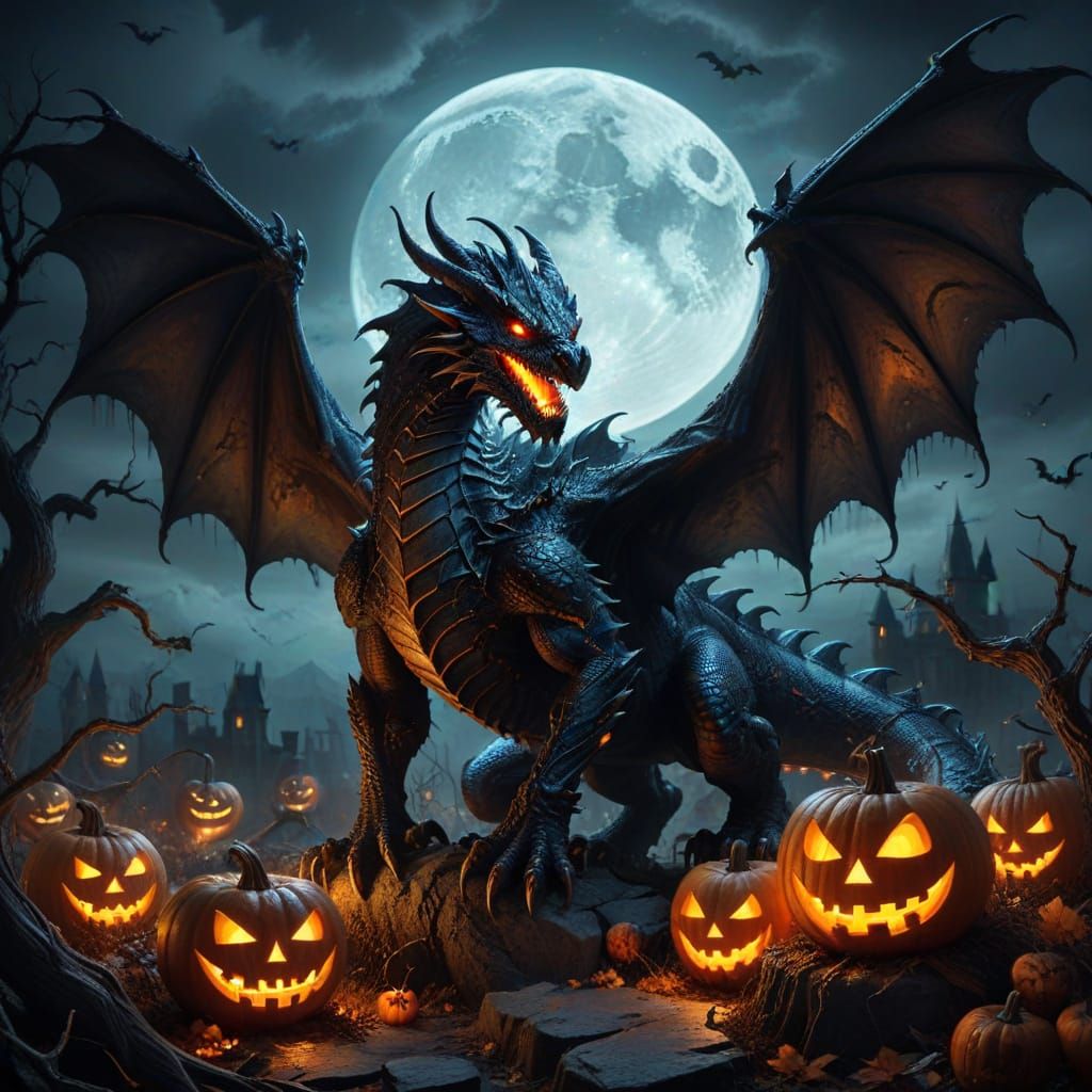 Fearsome Dragon Silhouetted Against Halloween Moon