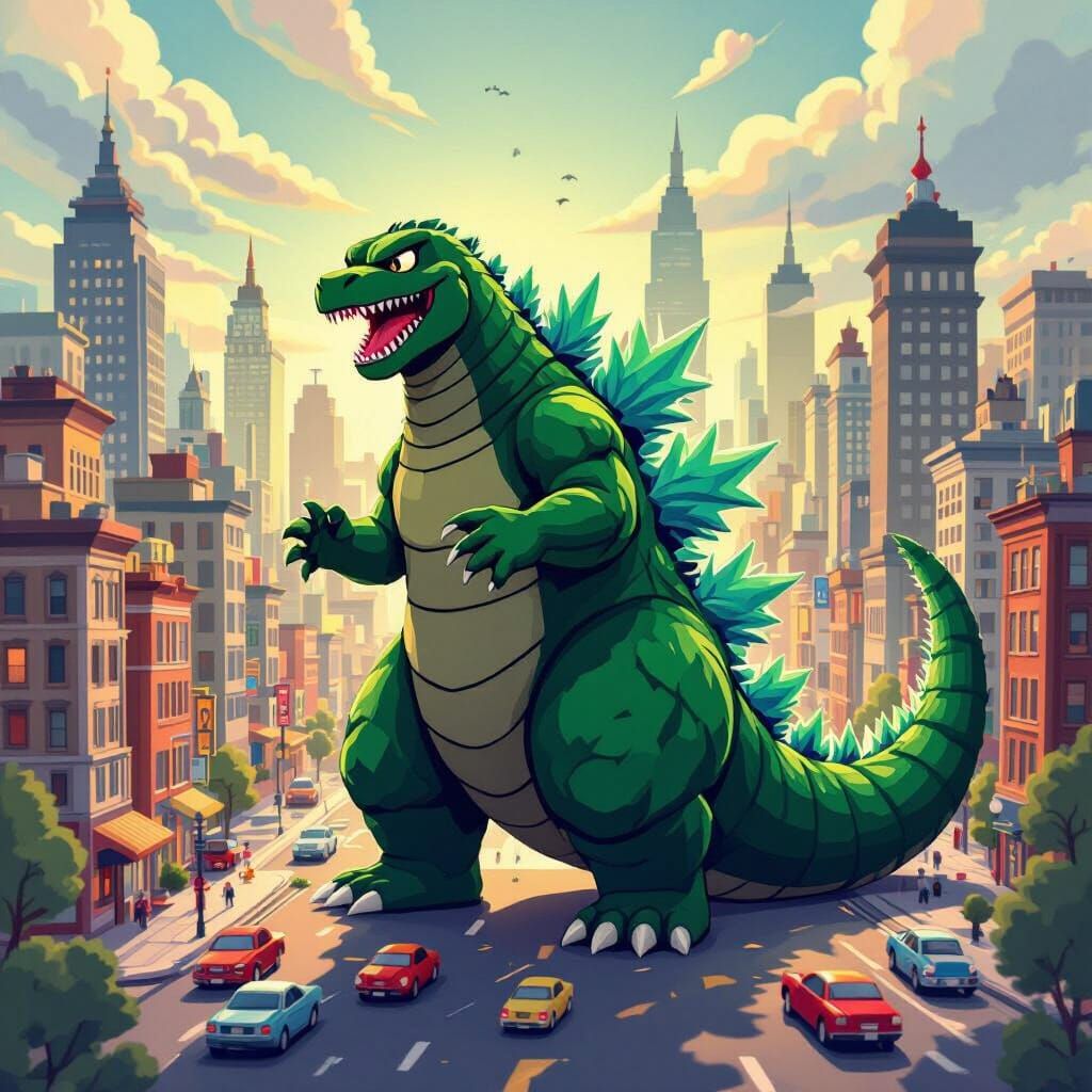 Cartoon Godzilla Rampages Through Stylized City