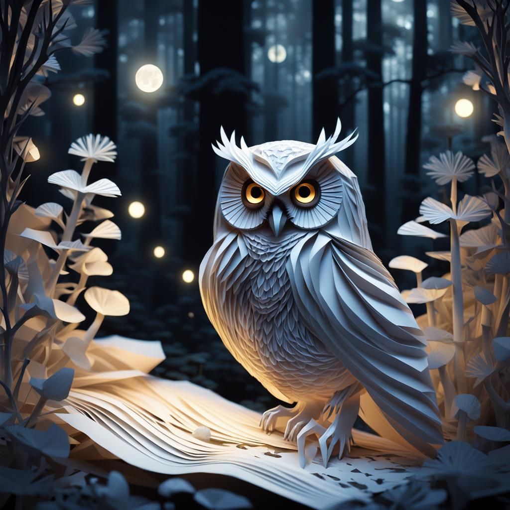 Paper Owl in Mystical Forest, Digital Art
