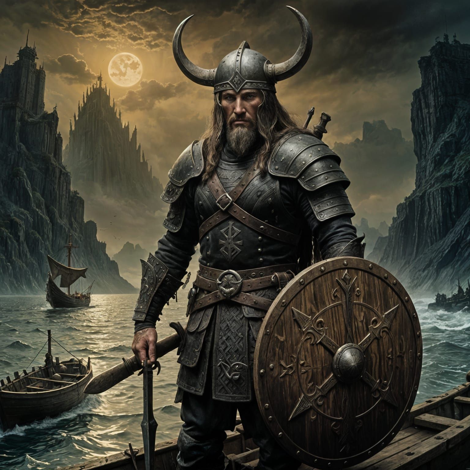 Viking Warrior at Sea in a Dark and Sinister Manner
