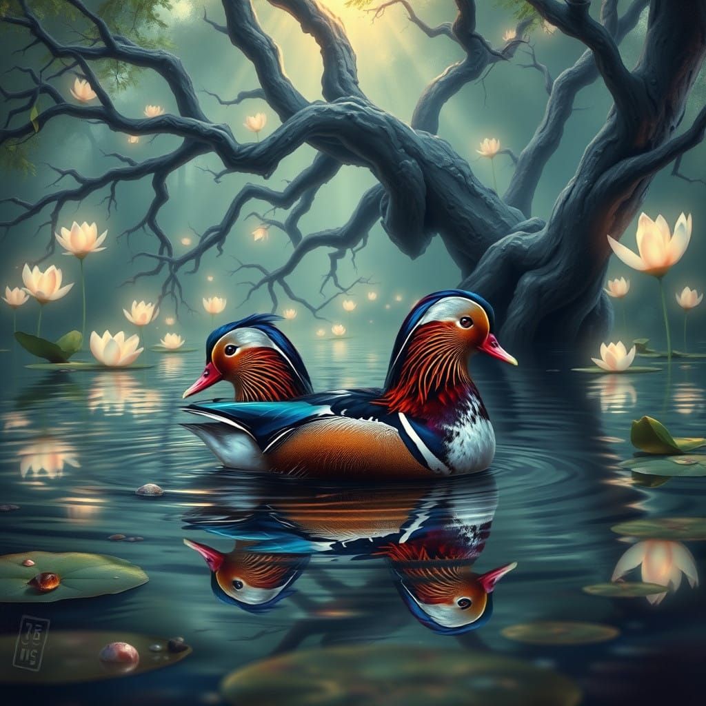 Mystical Mandarin Duck in a Whimsical, Surreal Pond Scene