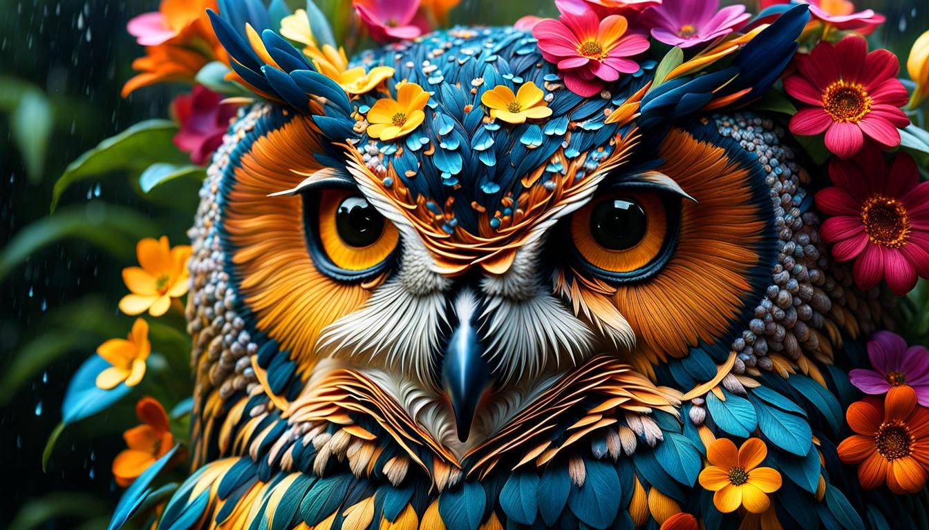 Floral Owl in Rainforest: Detailed Photographic Art