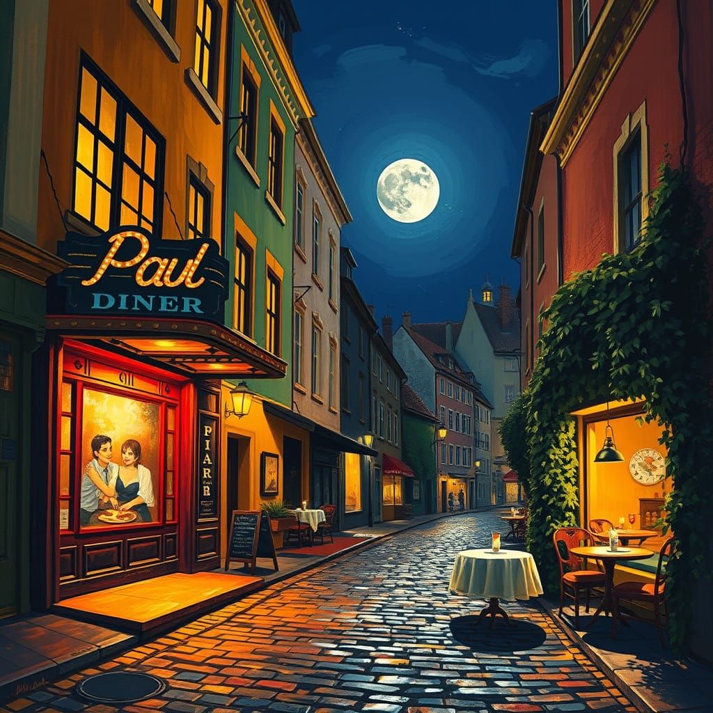 Whimsical Nighttime Scene with Cobblestone Street and Storyb...
