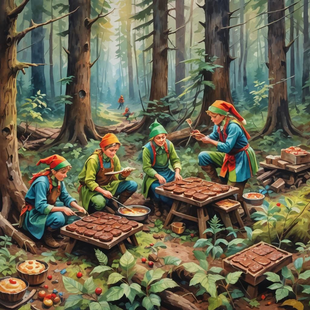 Elves Baking Brownies: Gouache Impressionist Forest Scene