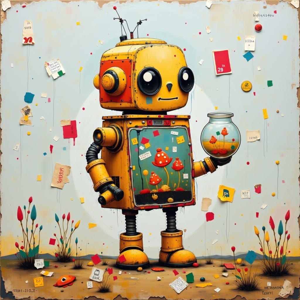 Cute Robot Holding a Fishbowl