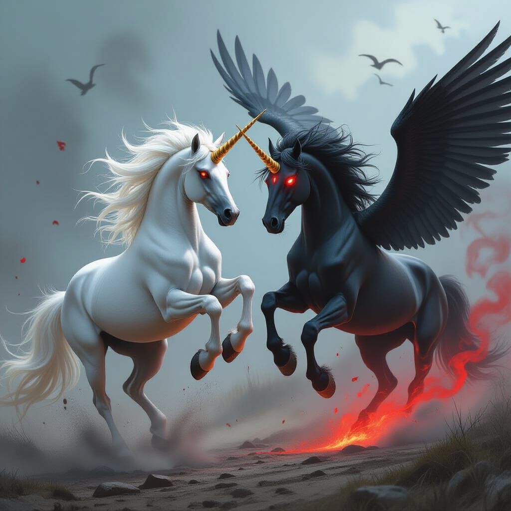 Unicorn vs. Night Mare in Gritty Fantasy Style
