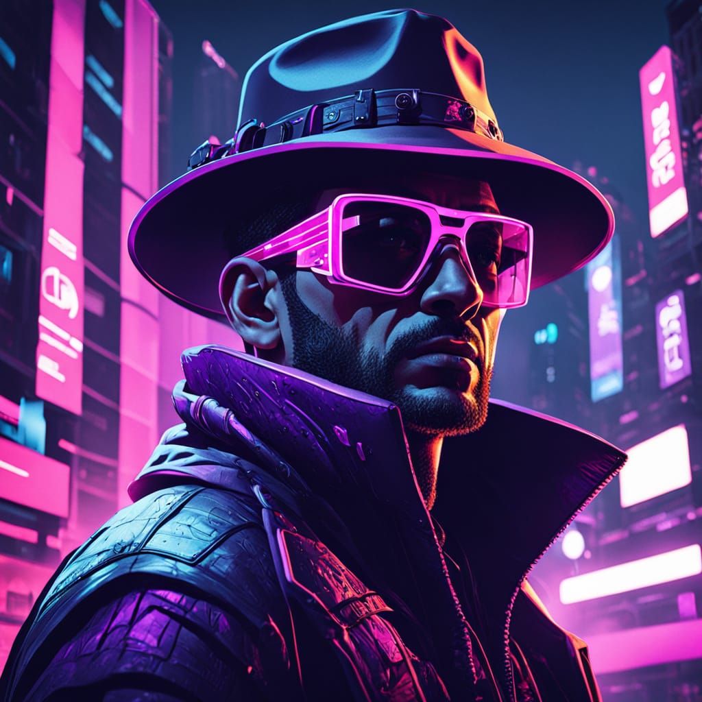 Neon Noir Man in Cityscape with Vibrant Style