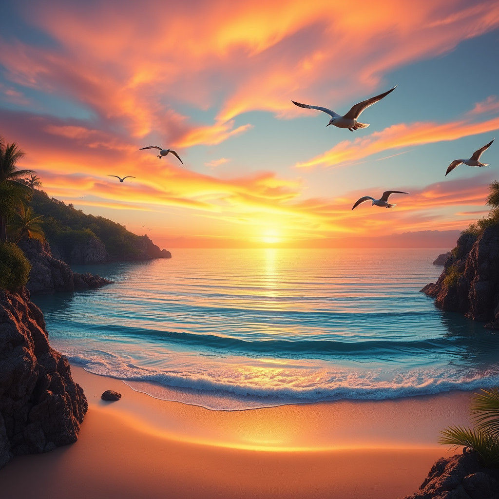 Sunset Beach Bay: A Tranquil Digital Painting