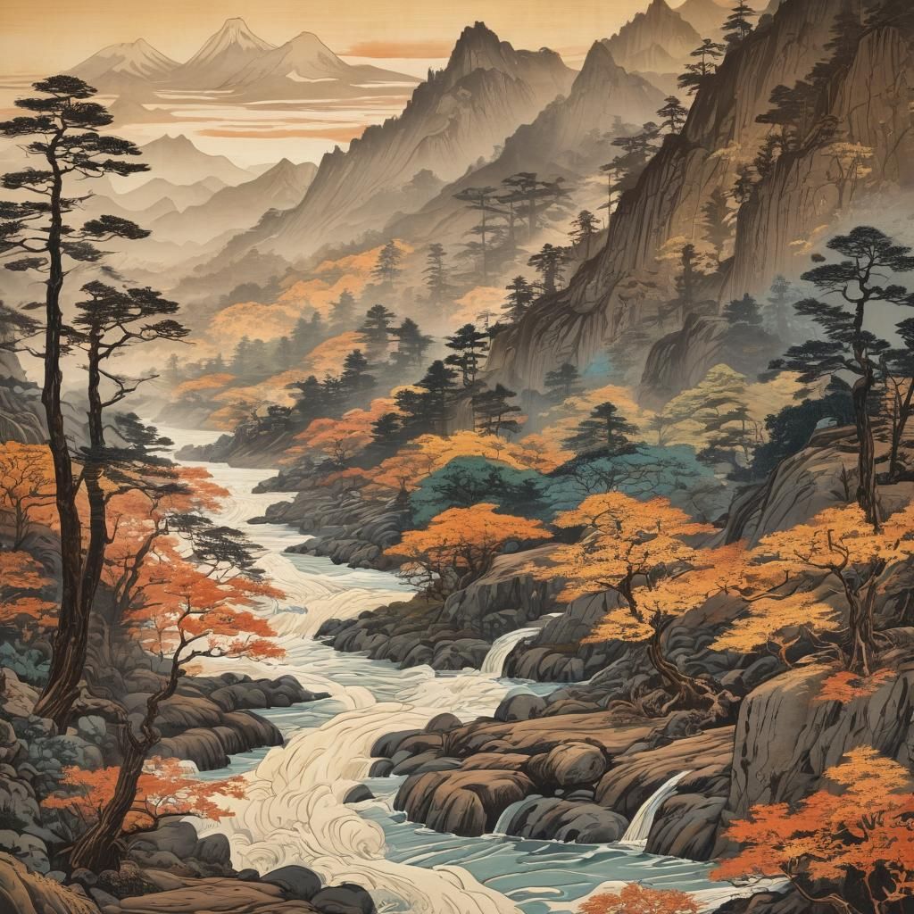 River Between Mountains: Woodblock Print Landscape
