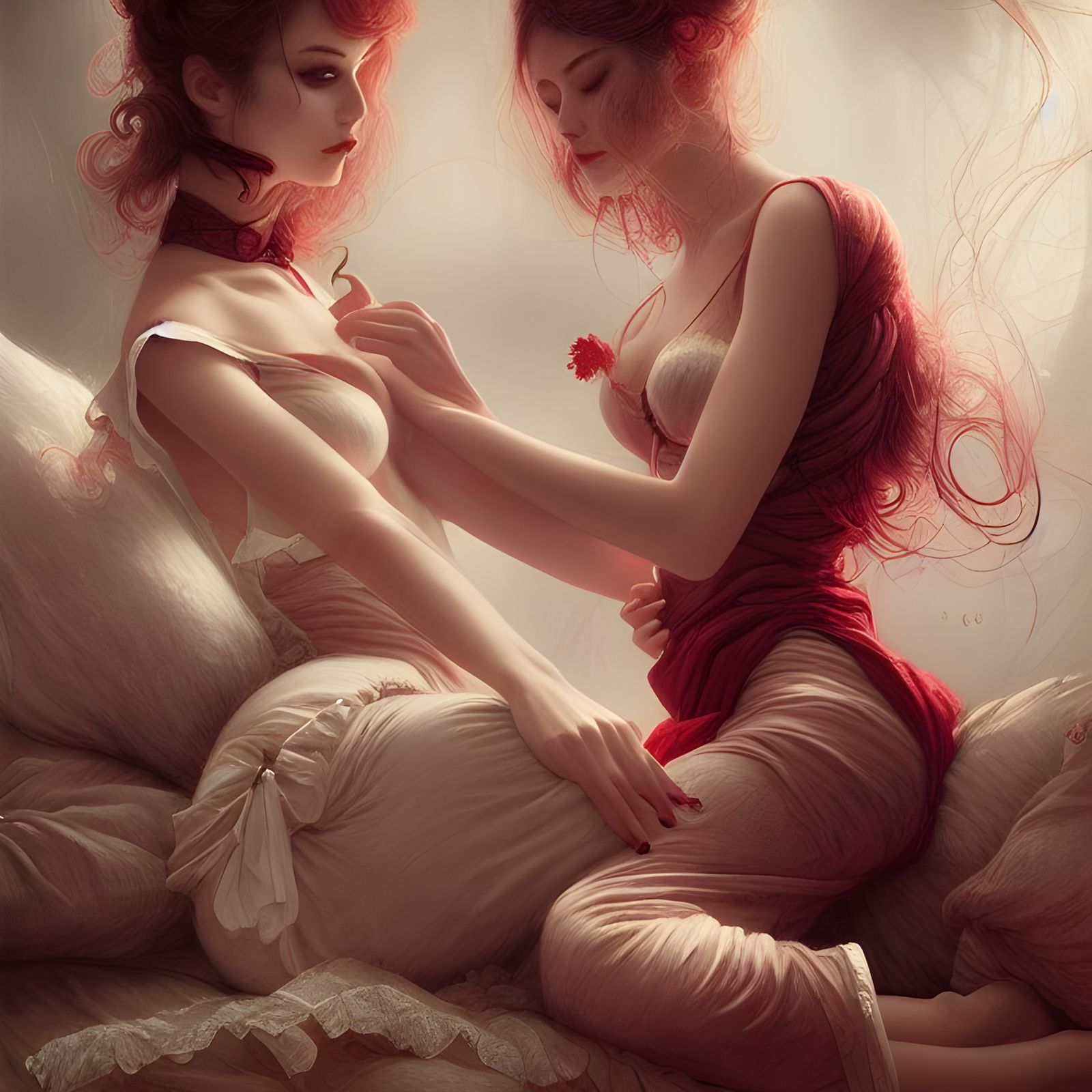 Pillow Fight in Sultry Pajamas: Digital Art