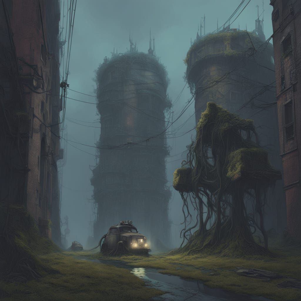 Giant Rusted Robot in Twilight Cityscape