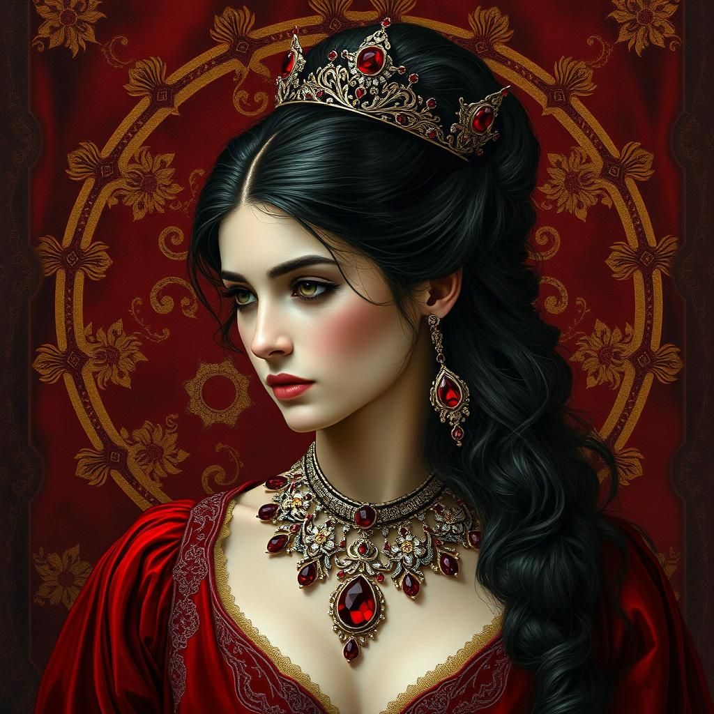 Regal Woman in Crimson and Rubies