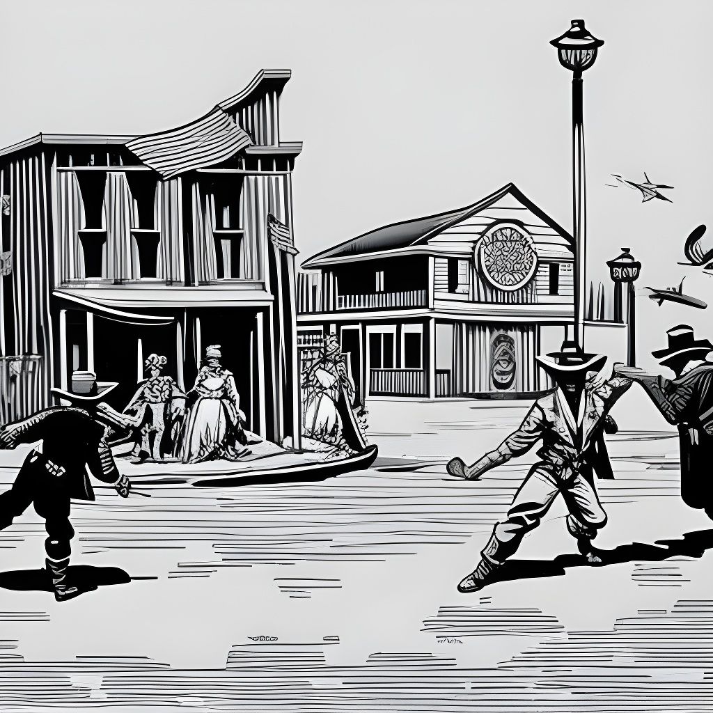 Old West Gunfight Black and White Illustration