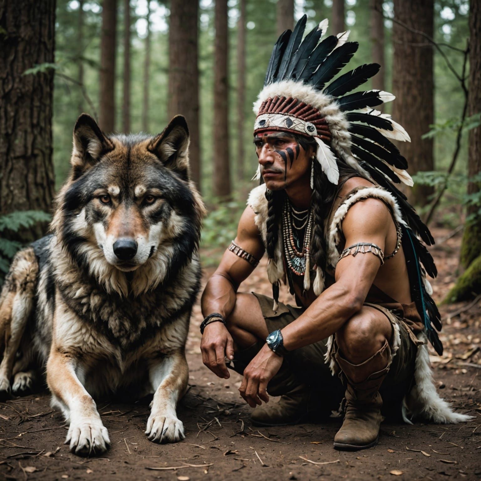 Native American Man and Wolf in Kinship