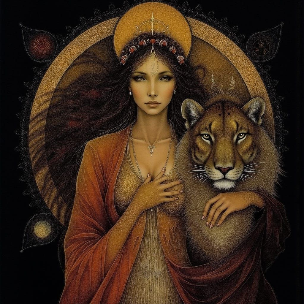 <lora:Archetypal Imagery:1.0> A woman and a Jaguar. Extraordinary intricate details Sharp contrast high resolution image...