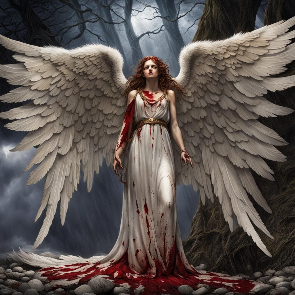 A decaying, dirt and blood stained angel with broken wings lays on her side, on smooth stones. A thunderstorm's rain is ...
