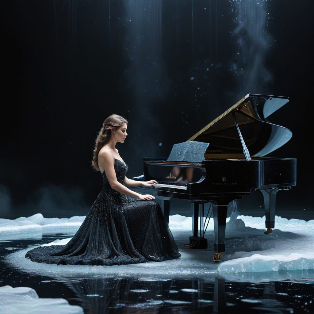 Elegant Woman Plays Piano on Iceberg