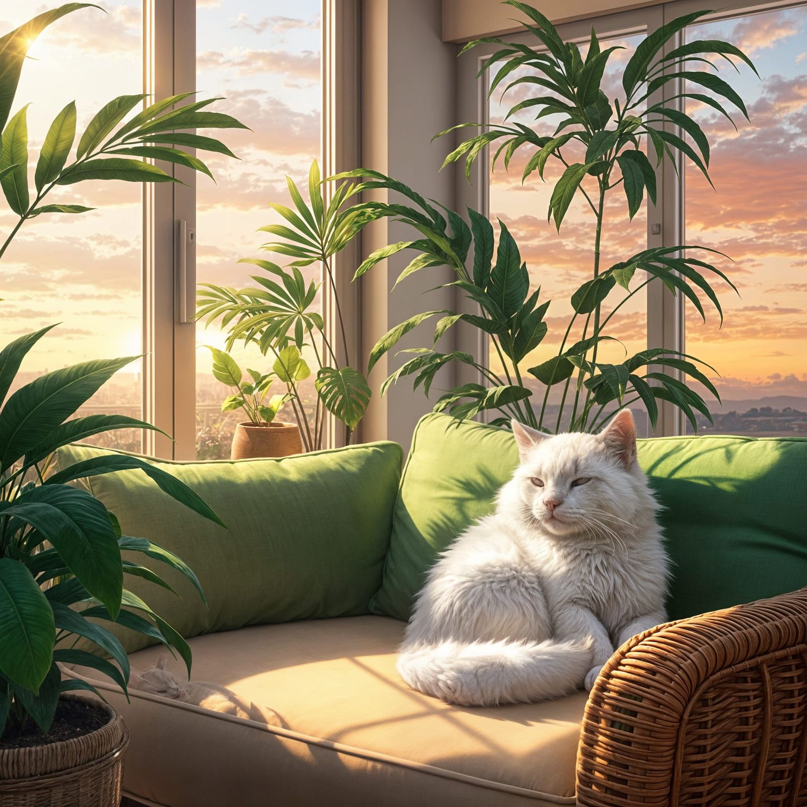 Surreal Anime-Inspired Scene of a Cat Sleeping in Sunshine
