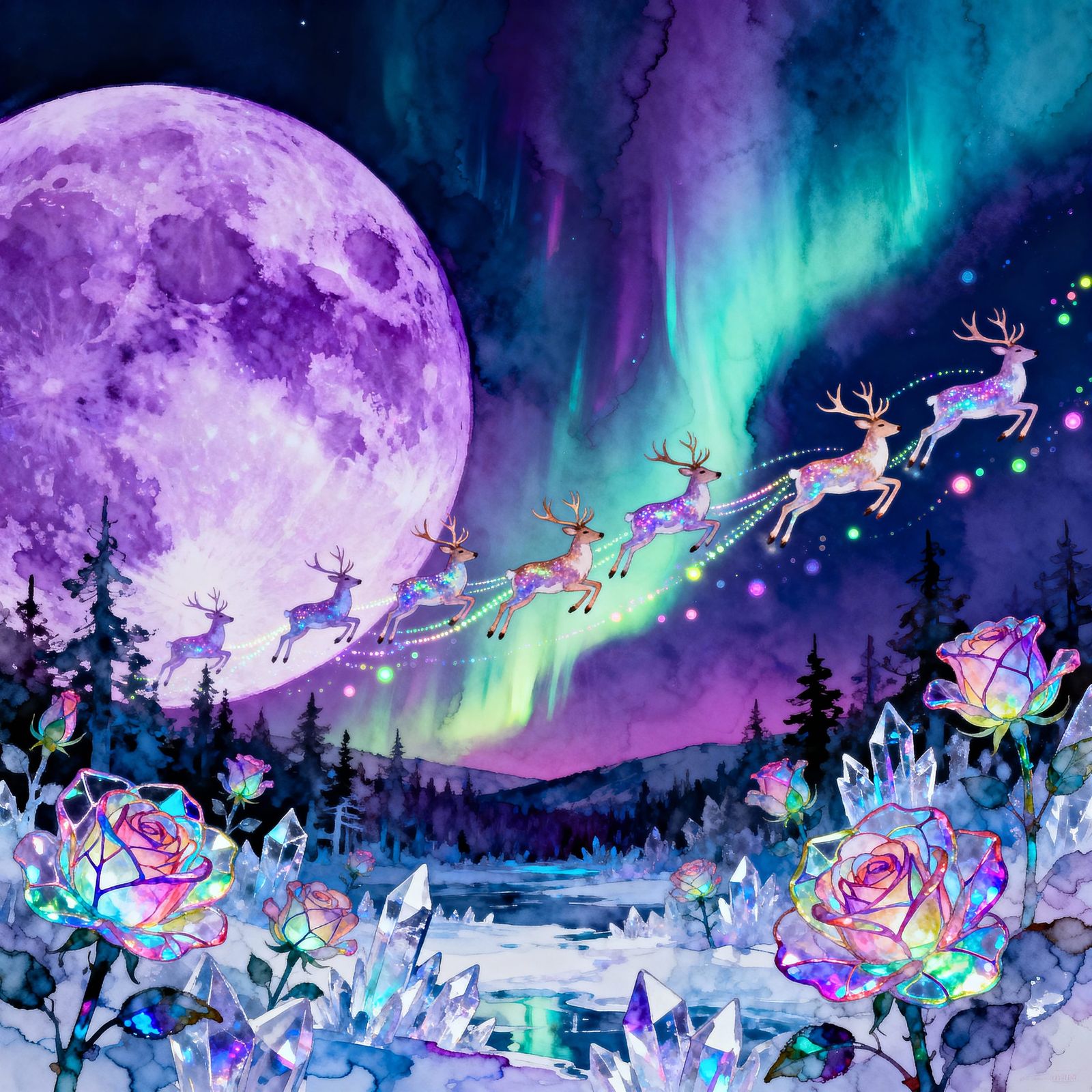 Ethereal Northern Forest Under Lavender Moon with Flying Rei...