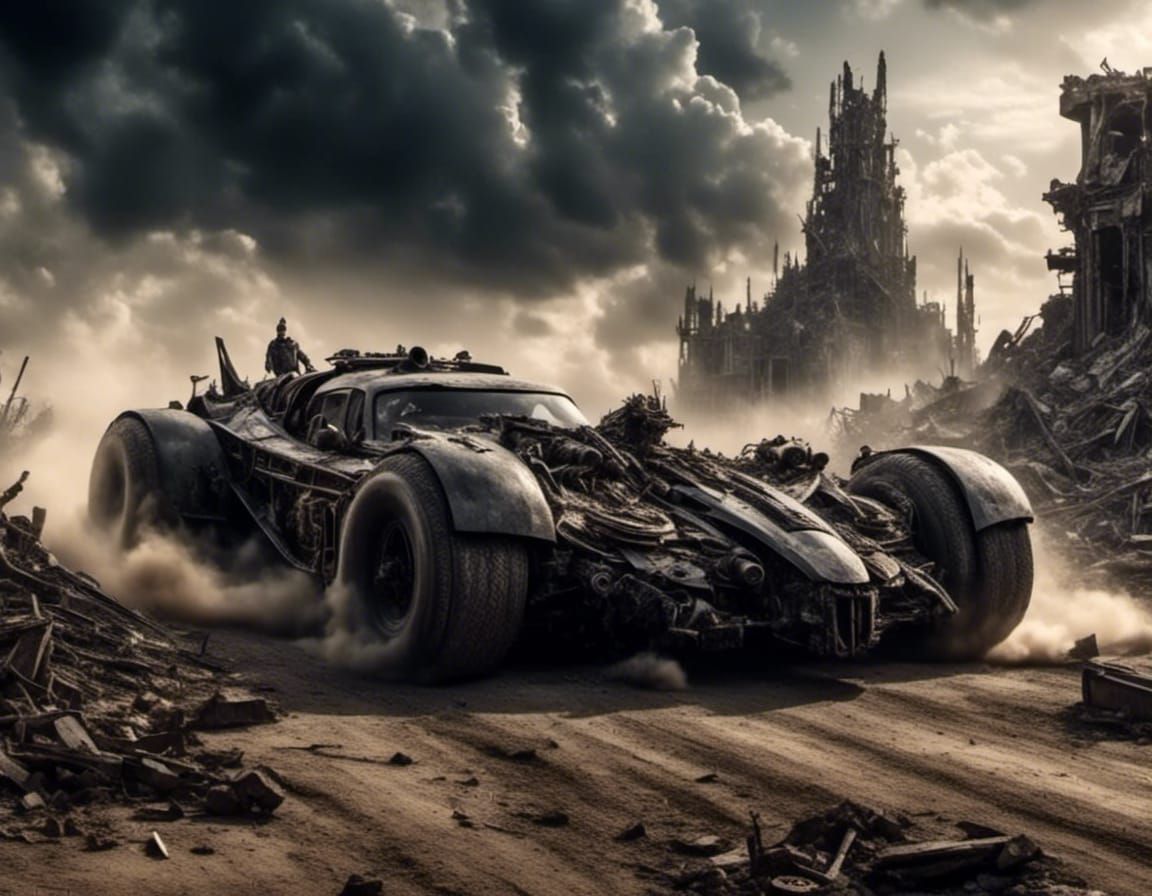Mad Max Batmobile in Ruined Cityscape