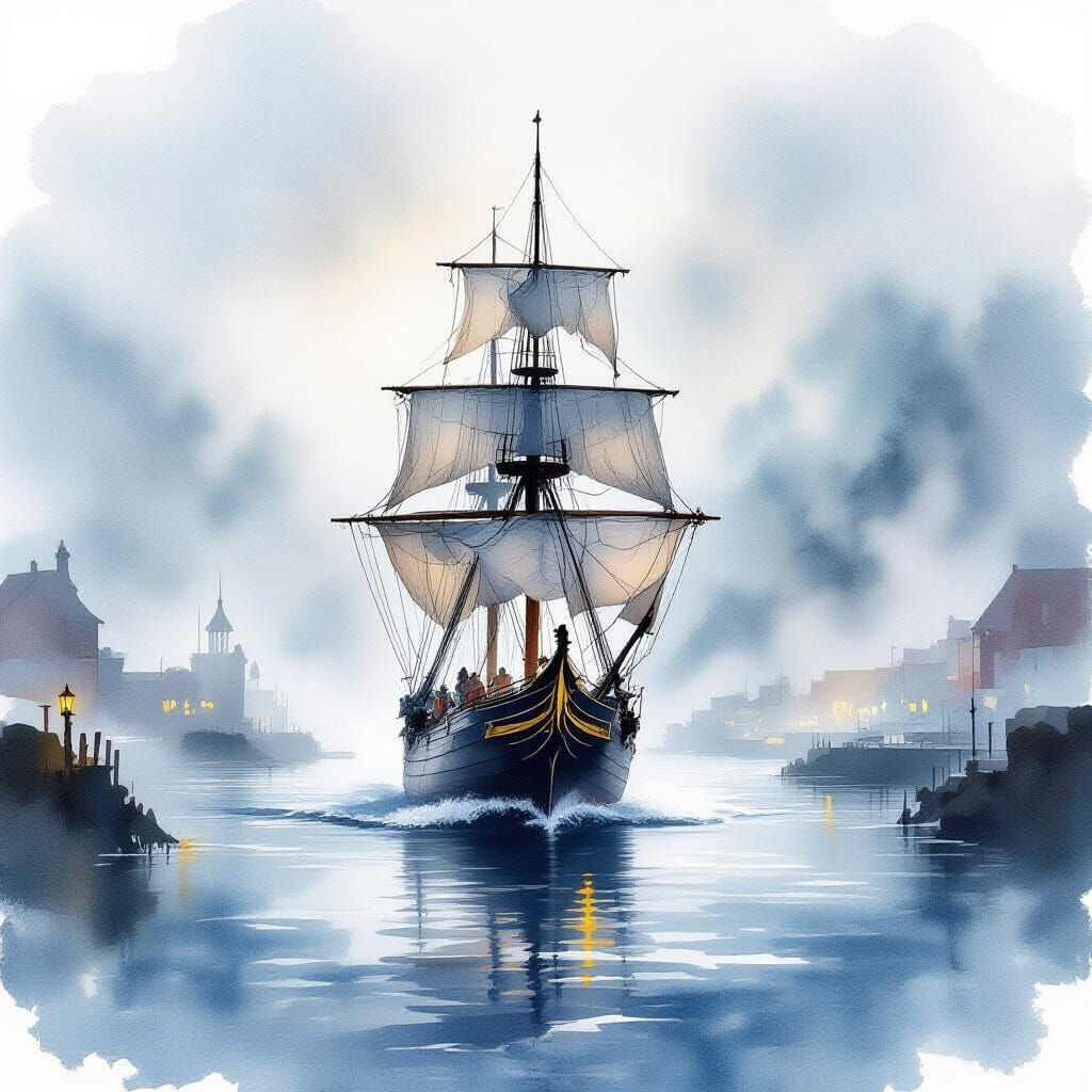 Tall Ship Harbor Arrival in Watercolor