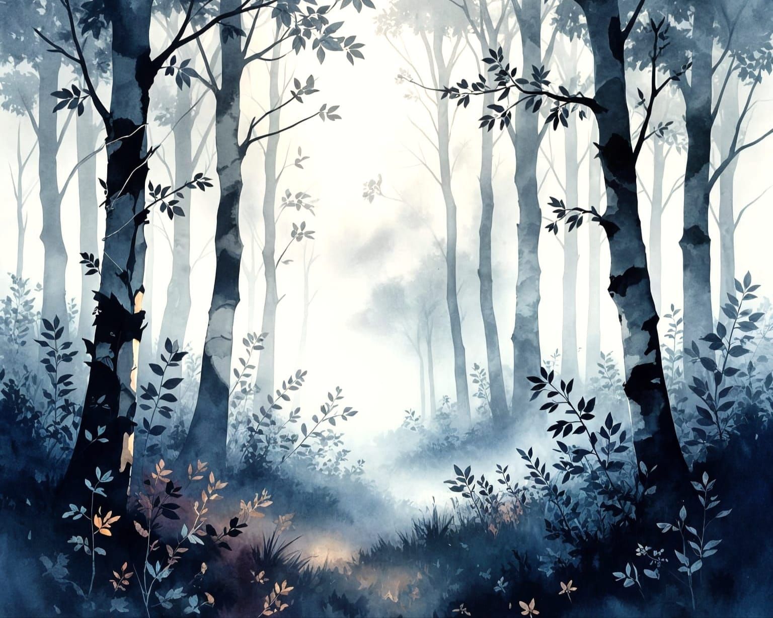 Moody Watercolor Foggy Forest Landscape