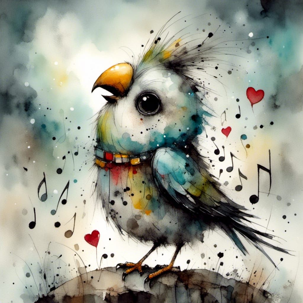 Whimsical fluffy parakeet bird