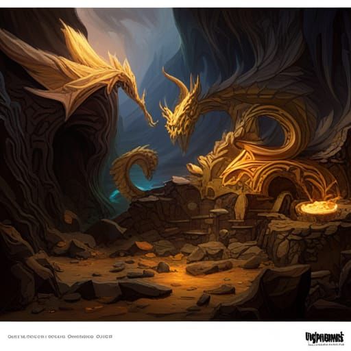 Golden Dragon Sleeps in Dark Cave: Fantasy Art