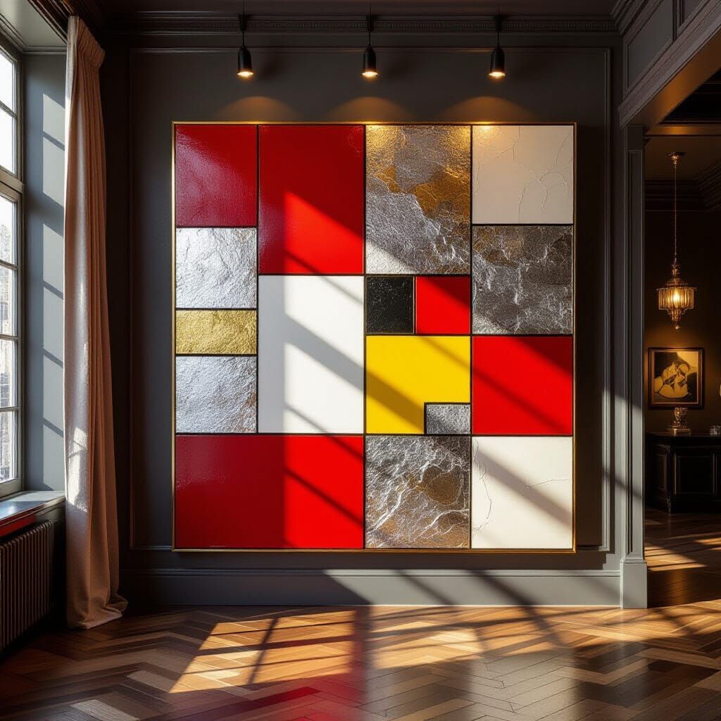 Abstract Expressionist Painting With Squares in Luxurious Ro...