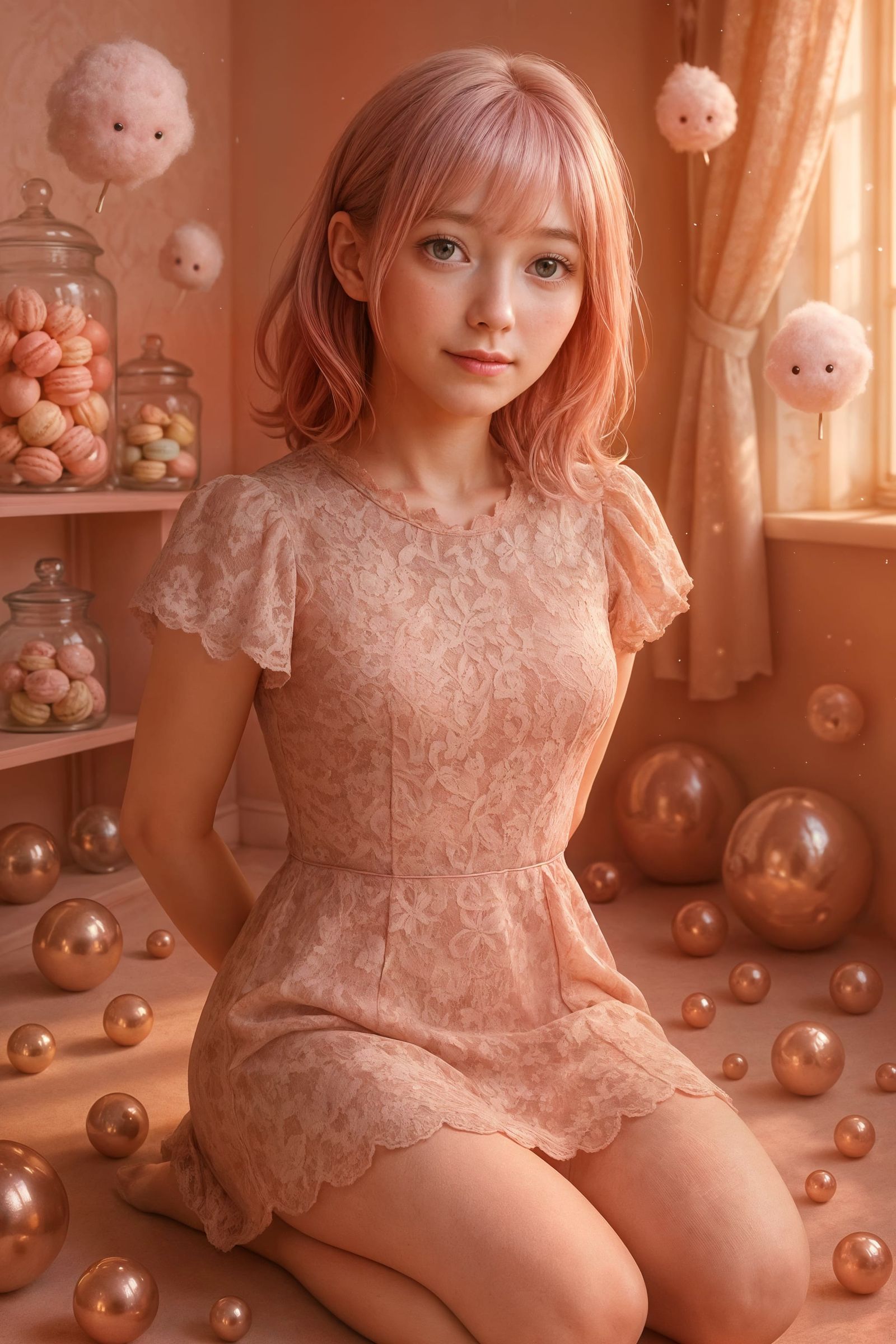 Dreamy Pink Room with Young Woman, Photorealistic Style